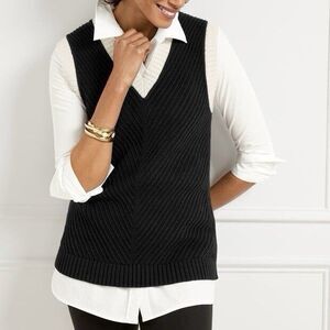 Talbots Black & White Linen Cotton Blend V Neck Sweater Vest Pullover Medium